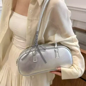 Ballet-style bow handbag, silver, women's, new trendy Korean style, niche underarm bag, large capacity.